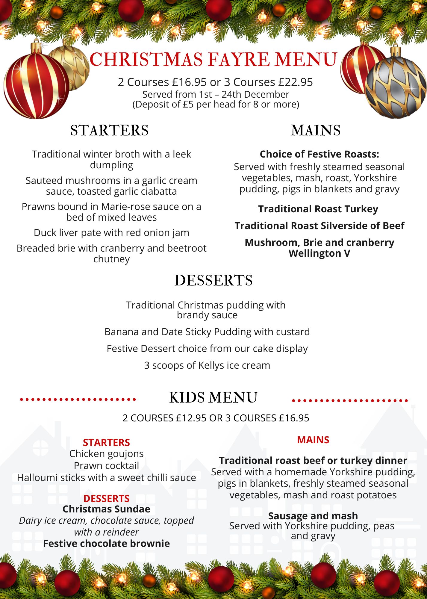 Christmas Menus Pub Prudhoe